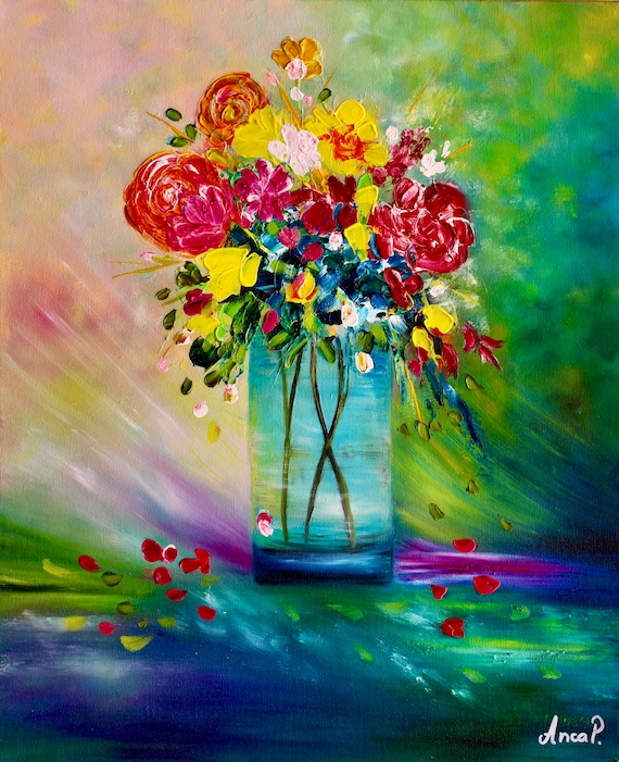 油絵 専用 赤いテーブルに置いた花瓶のお花 抽象画 ye327-1.jpg 油絵