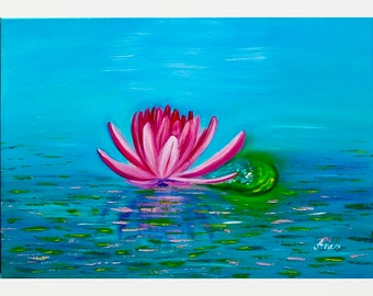 Flower painting,Water lily flower, pink flower, blue wall art,abstract oil painting