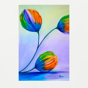Modern flower painting, abstract flowers painting,original flower wall art, purple painting, modern tulips painting,  orange tulips wall dec