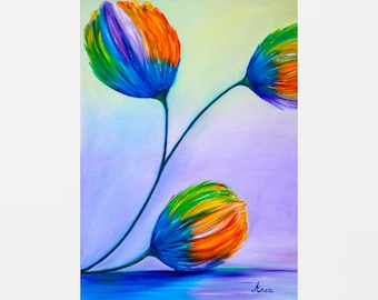 Modern flower painting, abstract flowers painting,original flower wall art, purple painting, modern tulips painting,  orange tulips wall dec