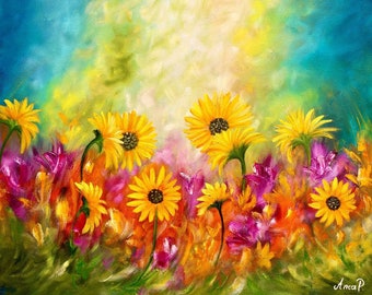 Sunflower Painting on Canvas, Original Art, Flowers Painting, Field Painting, LandscapePainting, sunflower wall art, meadow painting