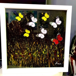 Framed  Painting with 3D hand painted Butterflies and gold texture, oil painting, 3D butterfly decor, 3D butterflies, black and gold art
