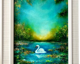白鳥の湖の油絵：印象派の風景画（9x12） - Etsy 日本