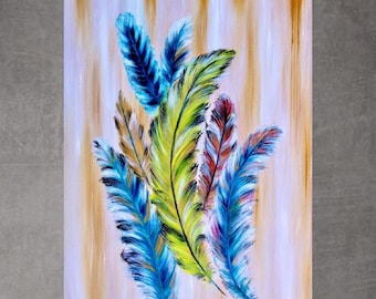 Colorful Feather Oil Painting on Canvas, Gold Accents, 50x76cm