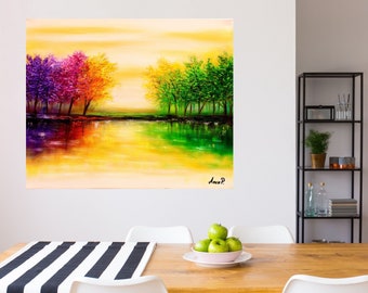 風景画、カラフルな木の絵、現代アート、キャンバスの油絵 - Etsy 日本