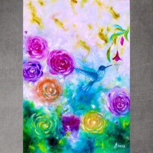 Hummingbird and flower painting, hummingbird painting on canvas, bird painting, floral painting