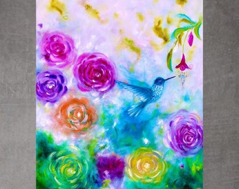 Hummingbird and flower painting, hummingbird painting on canvas, bird painting, floral painting