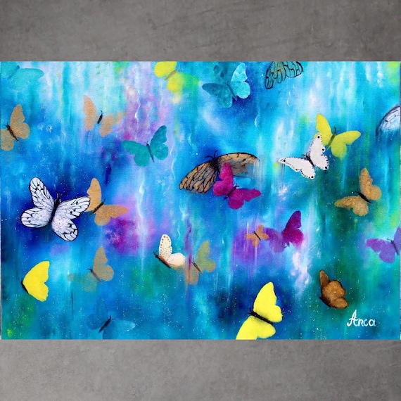 絵画　油絵　原画　蝶　北欧　カラフル　アート　インテリア　F4 絵画 油絵 原画 蝶 北欧 カラフル アート インテリア F4