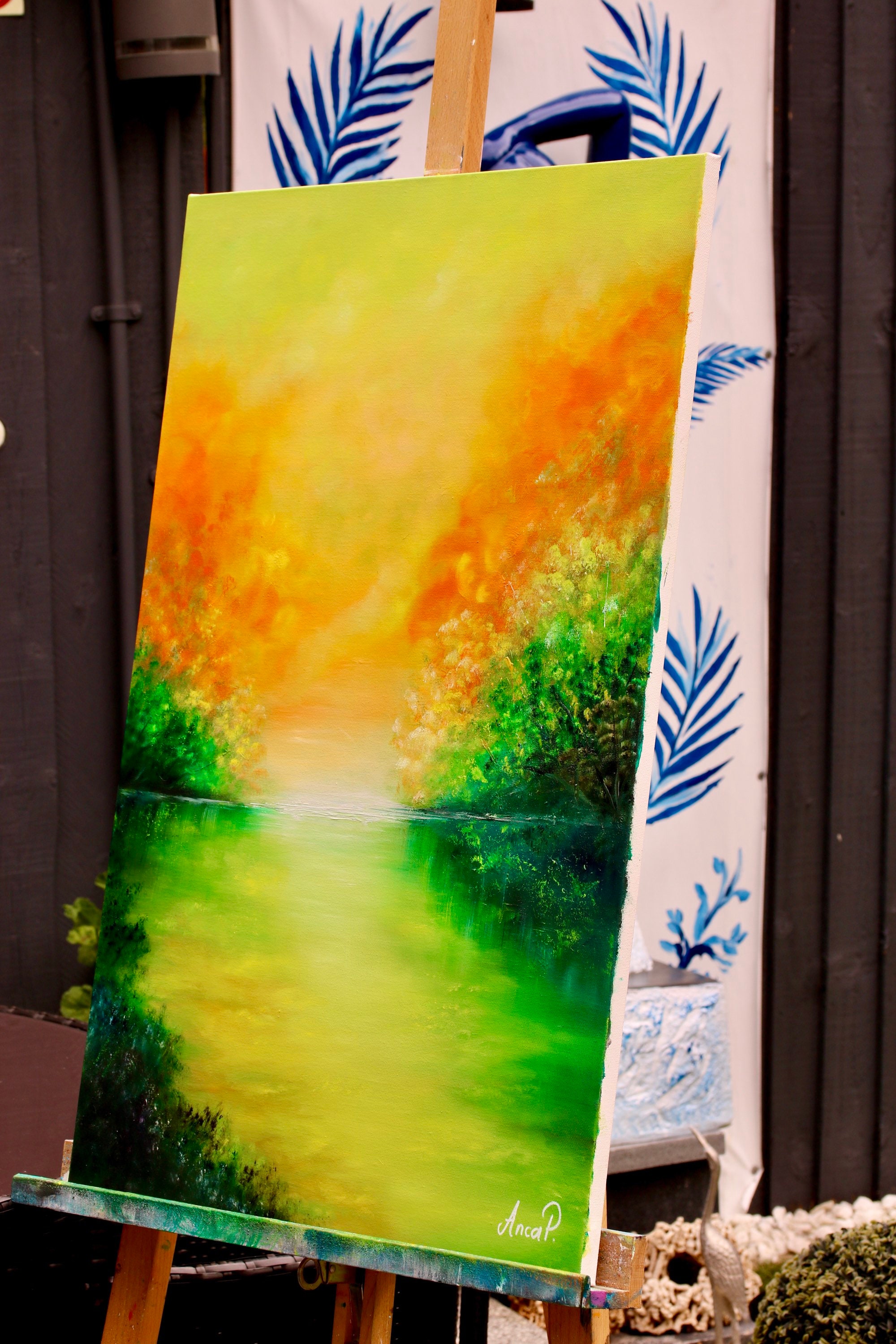 Landscape Oil Painting on Canvas, Green Orange Painting, Modern ...