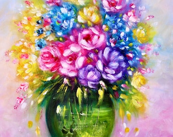 Vaas met bloemen schilderen, abstract bloemenschilderen - bloemenschilderen, roze bloemen emmer schilderen op canvas, origineel bloemenschilderen
