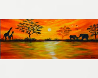 May include: A painting of an African sunset with silhouettes of giraffes and elephants by a lake. The sky is a vibrant orange and yellow, with a single white sun in the distance. The trees are dark green and the water is a reflective blue-green.