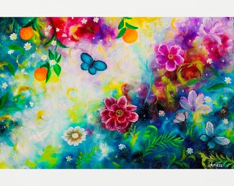 Flowers and Butterfly painting Nature Love Flower Art orange  Wall Art Wall Decor Art Home Decor Wall Hanging original oil painting