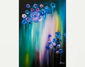 Flowers painting,turquoise art, floral painting,abstract flowers art, modern art, original painting