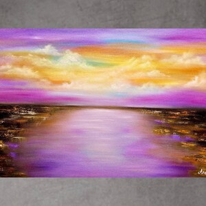 Seascape painting, coastal landscape beach oil painting sunset art, sea wall decor, oil painting on canvas