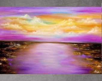 Seascape painting, coastal landscape beach oil painting sunset art, sea wall decor, oil painting on canvas