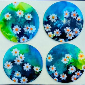 Alcohol ink coasters, handpainted daisies coasters, original ink coasters, floral ink coasters, resin coasters