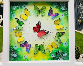 Framed floral Painting with 3D hand painted Butterflies, oil painting, 3D butterfly decor, 3D butterflies,Modern Decor Art, wedding gift