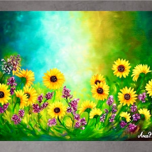 Sonnenblumen Gemälde auf Leinwand, Original Kunst, Blumen Malerei, Feldmalerei, Landschaftsmalerei, Sonnenblumen Wandkunst, Wiesenmalerei