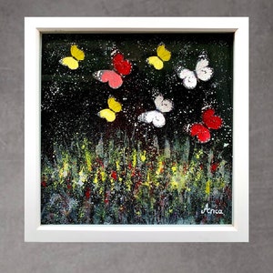Framed  Painting with 3D hand painted Butterflies and silver texture, oil painting, 3D butterfly decor, 3D butterflies, black and white art