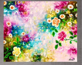 Floral Oil Painting On Canvas Abstract Colorful Roses and daisies Painting Daisy Wall Art Canvas Living Room Painting Spring Decor