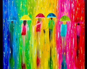 Colourful Rain Art - Framed oil Painting- umbrella painting-rain painting
