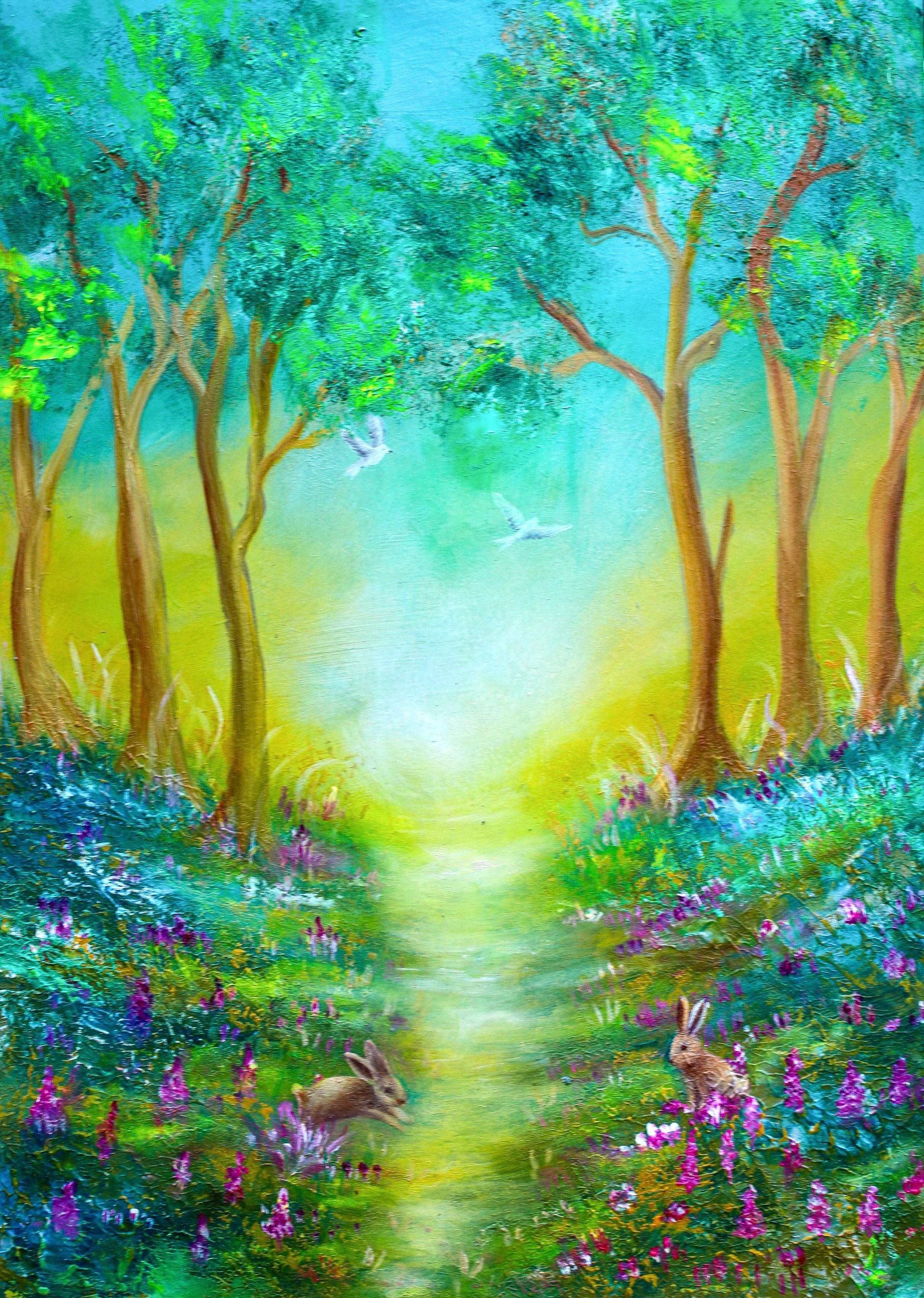Landscape With Rabits Landscape Painting With Birds, Rabbits Original Oil Painting on Wood ...