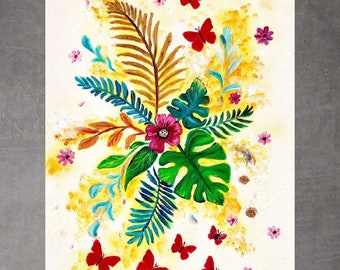 Floral oil painting on canvas, botanical painting, palm tree leaves, original painting, flower painting, butterfly painting