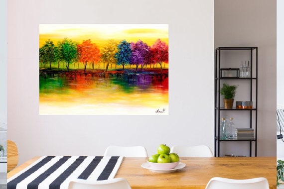 風景画、カラフルな木の絵、現代アート、キャンバスの油絵 - Etsy 日本