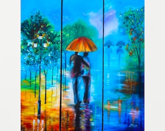 雨の夜のアクリル画：都市風景の傘アート（16x20） - Etsy 日本