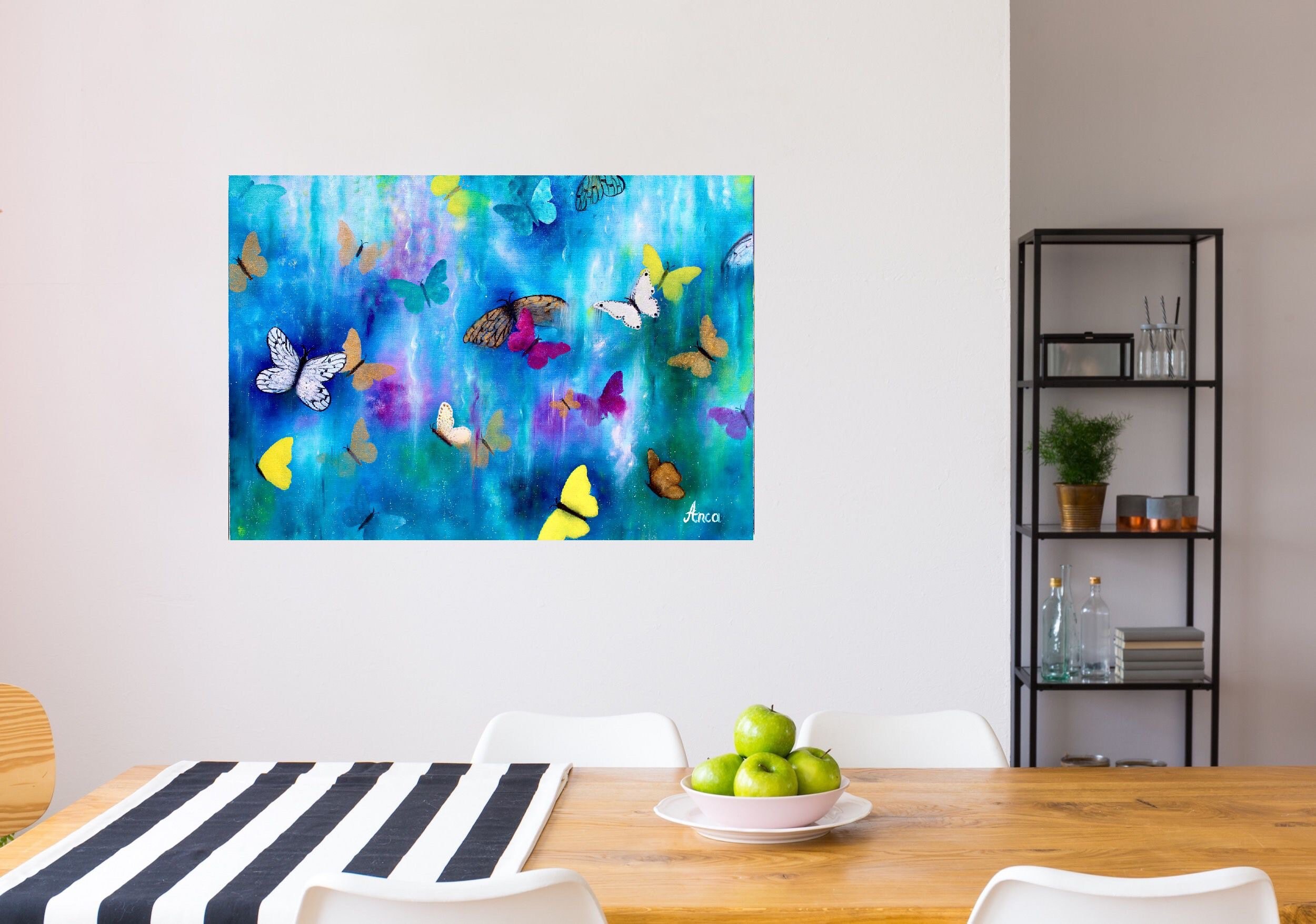 蝶の絵画、抽象的な蝶のアート、油絵、オリジナルの絵画、蝶の壁