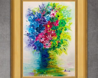 Abstract Modern Flowers Painting on Canvas Colourful floral Painting Original Gift for Women