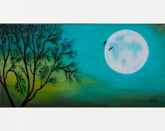 Himmlische Kunst Malerei, Mond Malerei, Türkis Wandkunst, Mond Kunst, Halbmond/Vollmond Kunstwerk