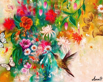 HUMMINGBIRDS and FLOWER oil painting, floral original handmade painting, bird wall art, abstract flowers artwork, floral painting modern art
