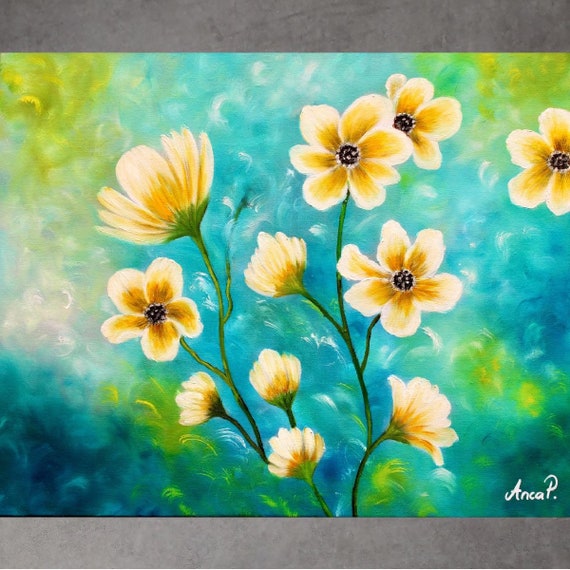 Original Flower Oil Painting on Canvas, Floral Painting, Green
