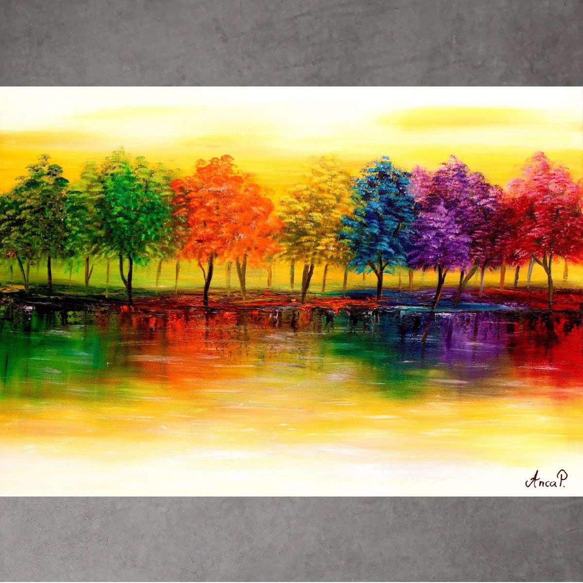 風景画、カラフルな木の絵、現代アート、キャンバスの油絵 - Etsy 日本