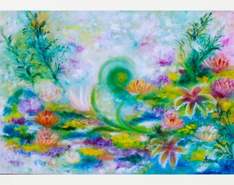 Water lilies painting, abstract pond