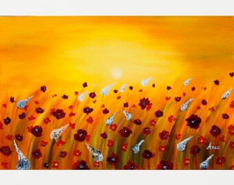 Large poppies oil painting, modern yellow field,modern popies painting,landscape poppies painting