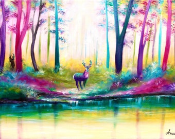 Abstrakte Waldmalerei mit Rehen, Wald Wandkunst, Reh Gemälde, moderne Malerei