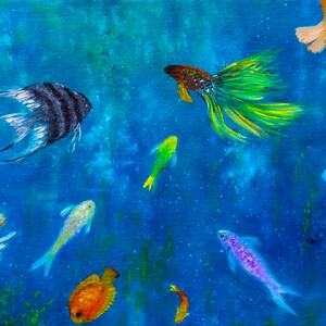 May include: A painting of a variety of colorful fish swimming in a blue ocean. The fish are painted in a realistic style and include a black and white angelfish, a green and yellow fish, a purple fish, and a bright orange fish.