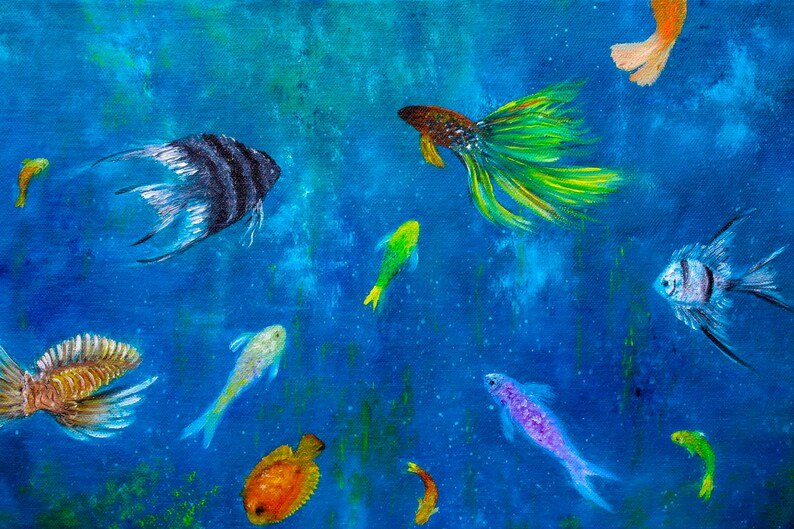 May include: A painting of a variety of colorful fish swimming in a blue ocean. The fish are painted in a realistic style and include a black and white angelfish, a green and yellow fish, a purple fish, and a bright orange fish.