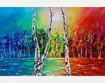 Modern birch trees, abstract landscape painting,"across the river ",modern wall art with texture