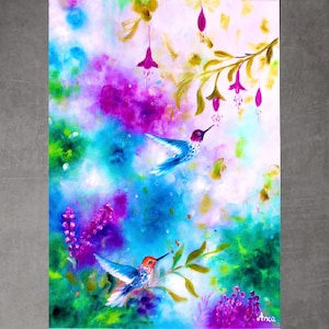 ハチドリの絵画 オリジナルアート ハチドリの壁アート カラフル ハチドリの絵画 オリジナルアート ハチドリの壁アート カラフル