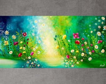 Floral Painting on Canvas, Original Art, Flowers Painting, Field Painting, Modern Art, Daisy flowers Living Room Wall Art, Large Painting,