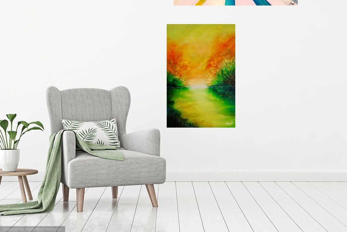 Landscape Oil Painting on Canvas, Green Orange Painting, Modern ...