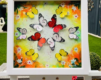 Framed floral Painting with 3D hand painted Butterflies, oil painting, 3D butterfly decor, 3D butterflies,Orange wall Art, wedding gift