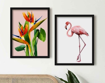 Framed Tropical Wall Art Set, Pink Flamingo Poster, Bright Tropical Print Set of 2, Pink Tropical Wall Decor