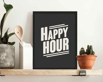 Happy Hour Wall Art Print, Framed Typography Kitchen Shelf Wall Decor, Home Bar Poster