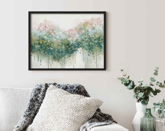 Pink & Green Abstract Floral Wall Art Print, Framed Flower Painting, Modern Bedroom Living Room Wall Decor