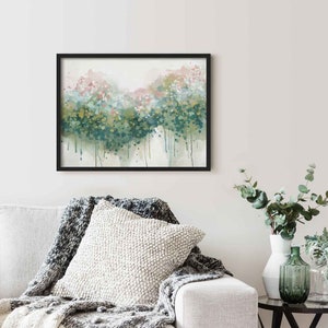 Pink & Green Abstract Floral Wall Art Print, Framed Flower Painting, Modern Bedroom Living Room Wall Decor