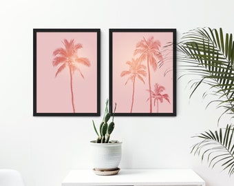 Pink Botanical Print Set, Palm Tree Wall Art Prints, Set of 2 Botanical Prints, Framed Tropical Wall Art